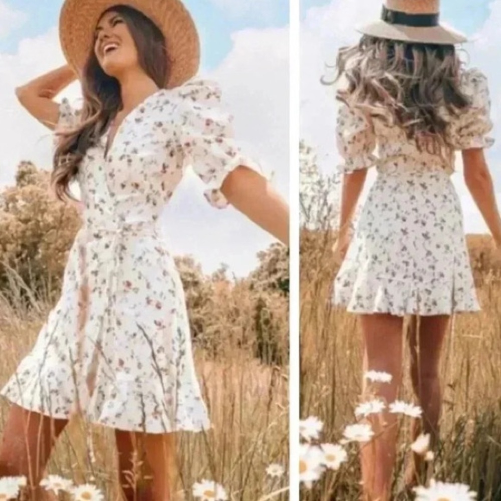 Tularosa Satin Floral Cream Mini Dress - Picture 3 of 11